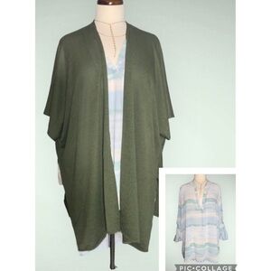 Truself Pastel Watercolor Loose Tunic Tab Sleeves V-Neck & Olive Green Kimono 1X